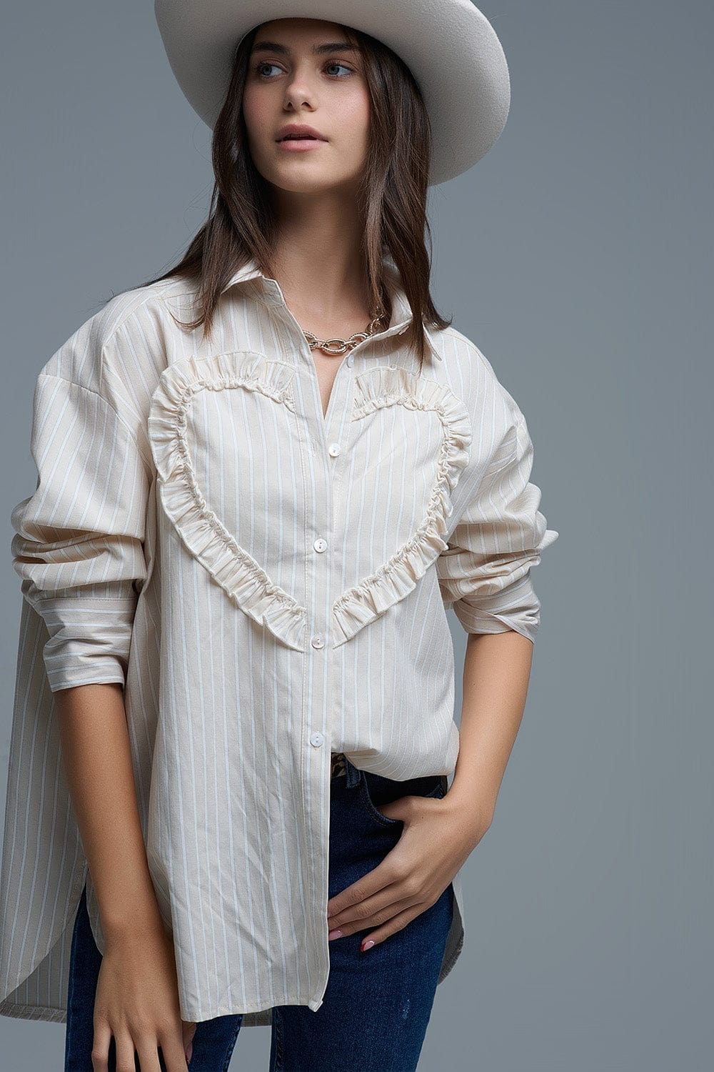 Q2 Women's Blouse Beige Relaxed Striped Shirt With Heart Seam Detail