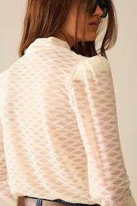 Q2 Women's Blouse Beige Sheer Lace Turtleneck Top With Puff Shoulders