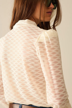Q2 Women's Blouse Beige Sheer Lace Turtleneck Top With Puff Shoulders
