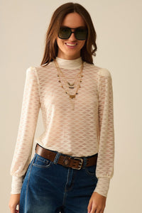 Q2 Women's Blouse Beige Sheer Lace Turtleneck Top With Puff Shoulders