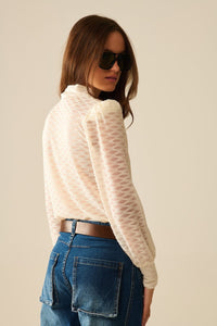 Q2 Women's Blouse Beige Sheer Lace Turtleneck Top With Puff Shoulders
