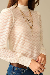 Q2 Women's Blouse Beige Sheer Lace Turtleneck Top With Puff Shoulders