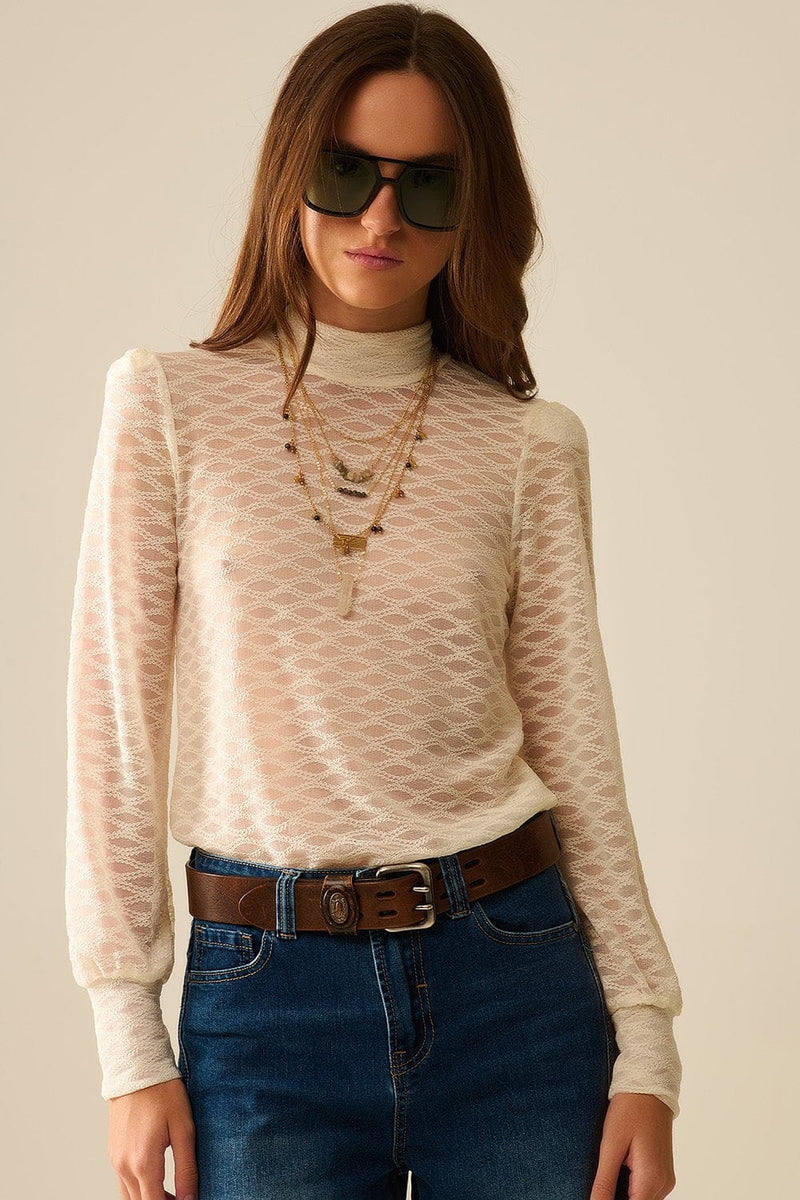 Q2 Women's Blouse Beige Sheer Lace Turtleneck Top With Puff Shoulders