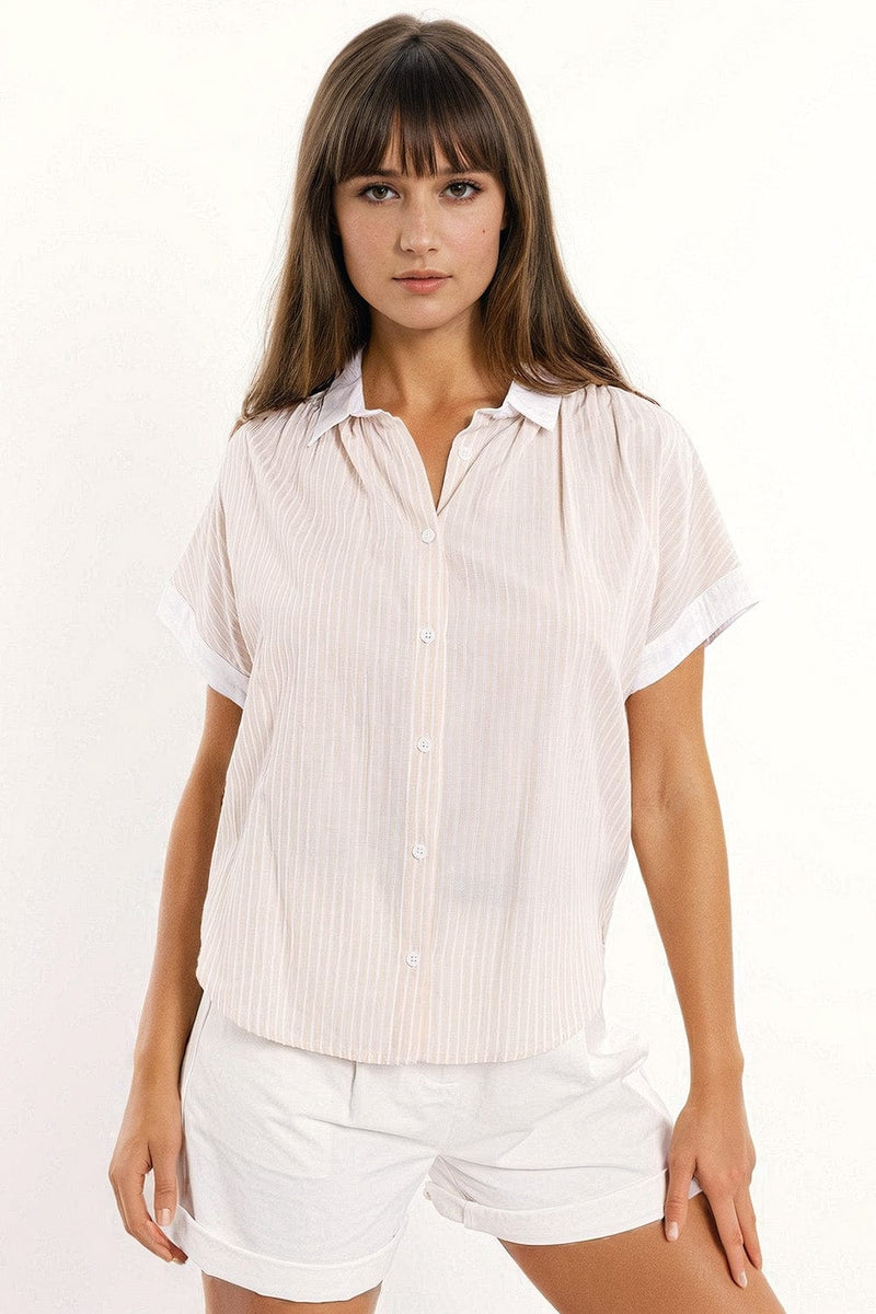 Q2 Women's Blouse Beige Shirt With Short Sleeves And Vertical Stripes