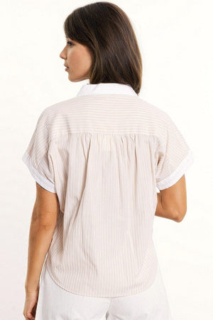 Q2 Women's Blouse Beige Shirt With Short Sleeves And Vertical Stripes