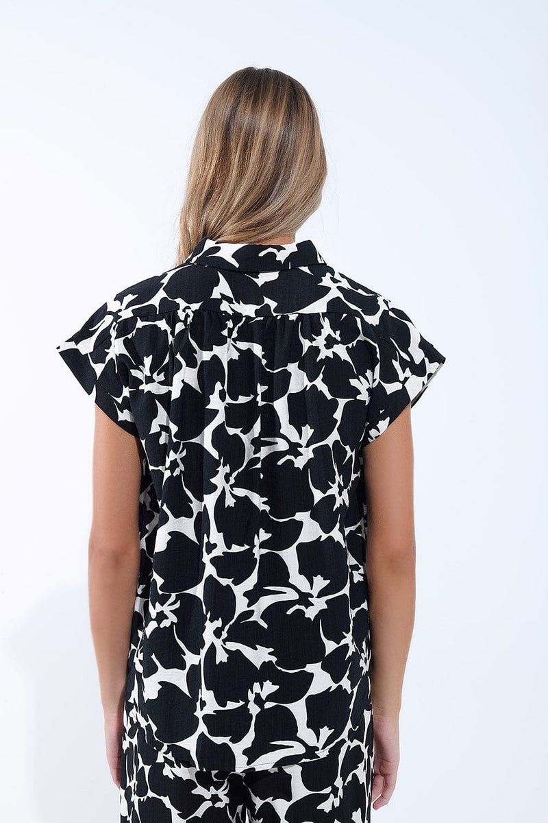 Q2 Women's Blouse Black And White Floral Print Shirt With Short Sleeves