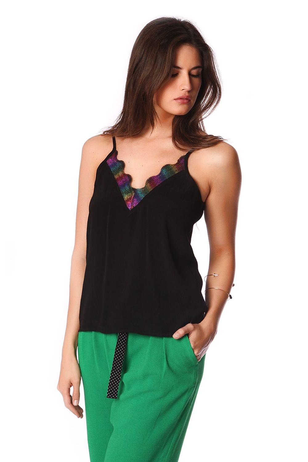 Q2 Women's Blouse Black cami top with multi color cage detail