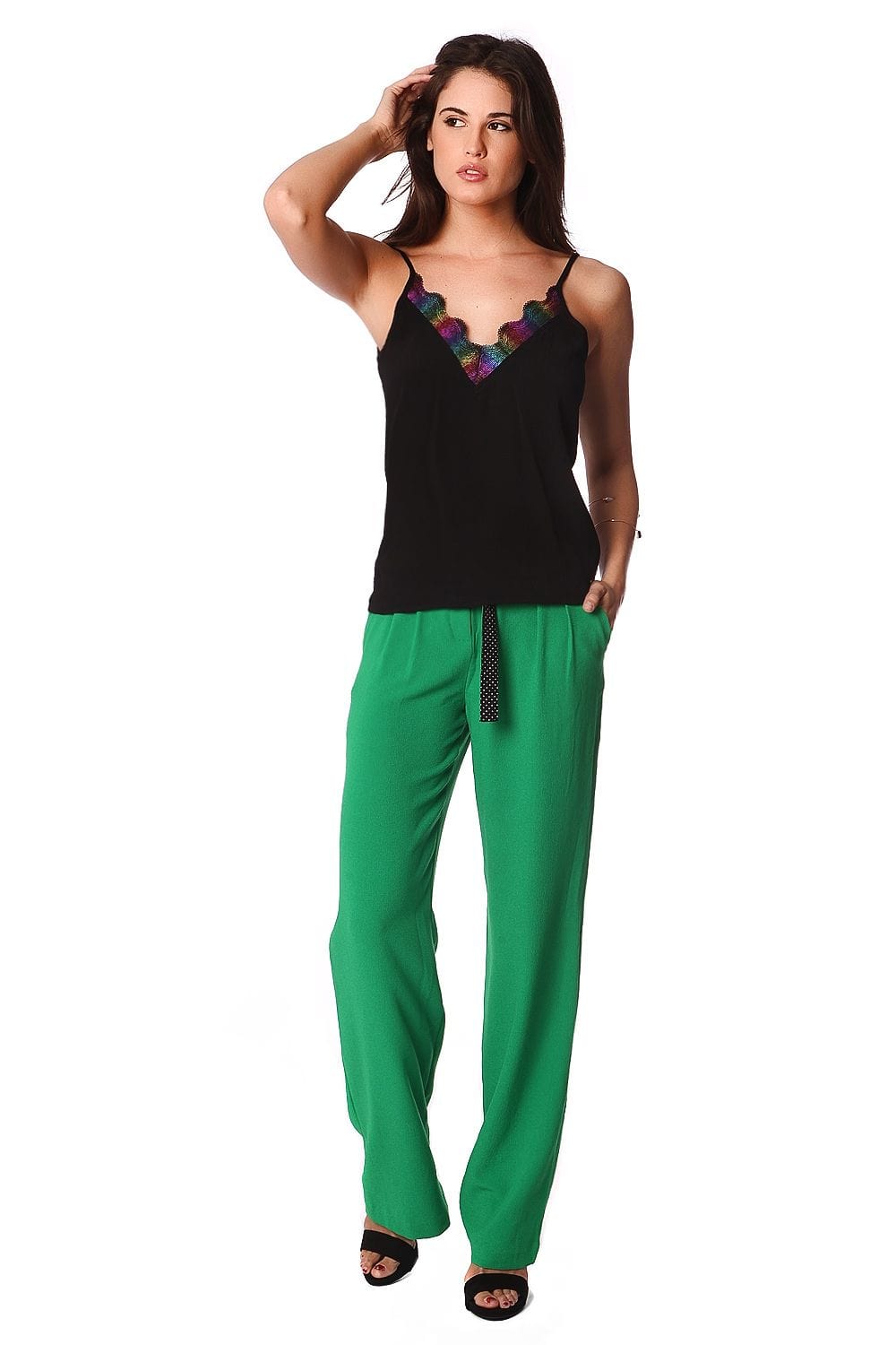 Q2 Women's Blouse Black cami top with multi color cage detail