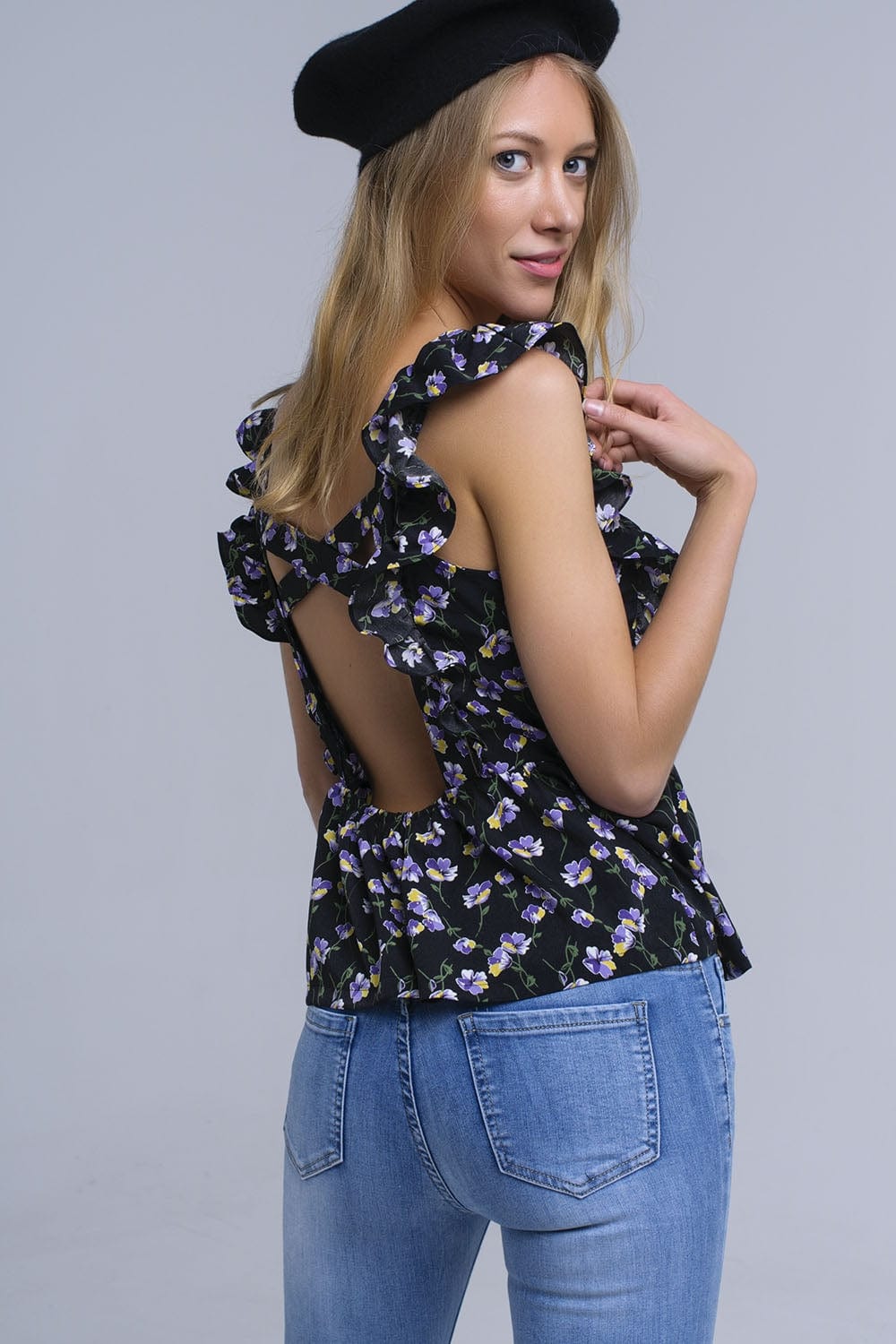 Q2 Women's Blouse Black crossed back shirt with ruffles