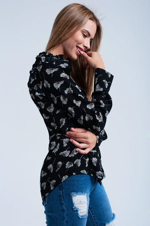 Q2 Women's Blouse Black floral printed shirt