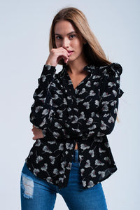 Q2 Women's Blouse Black floral printed shirt