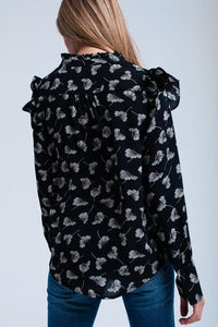 Q2 Women's Blouse Black floral printed shirt