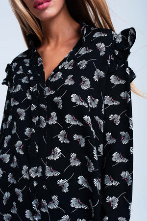 Q2 Women's Blouse Black floral printed shirt