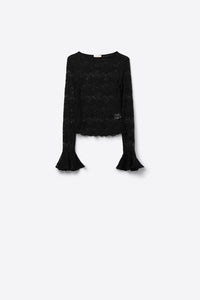 Q2 Women's Blouse Black Lace Top With Long Flared Sleeves And Ruffles