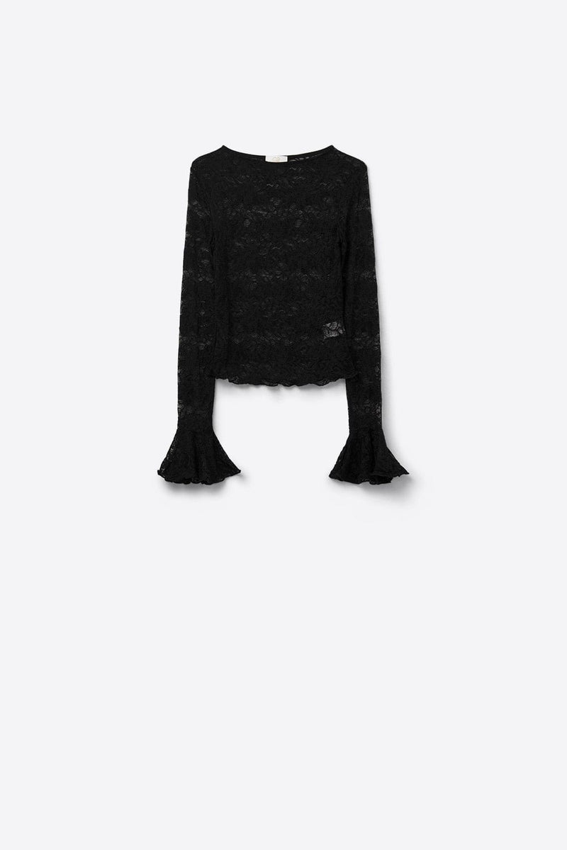 Q2 Women's Blouse Black Lace Top With Long Flared Sleeves And Ruffles