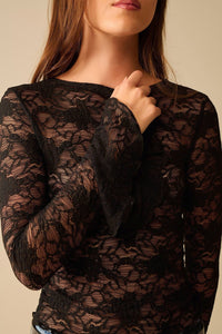 Q2 Women's Blouse Black Lace Top With Long Flared Sleeves And Ruffles