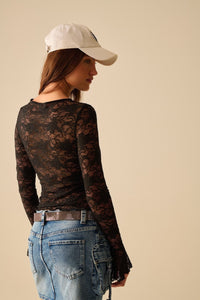 Q2 Women's Blouse Black Lace Top With Long Flared Sleeves And Ruffles