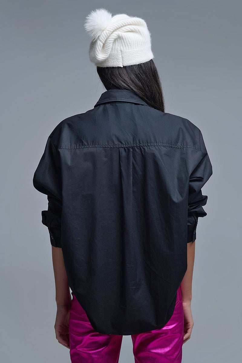 Q2 Women's Blouse Black Oversized Poplin Shirt With White Beaded Bow Buttons