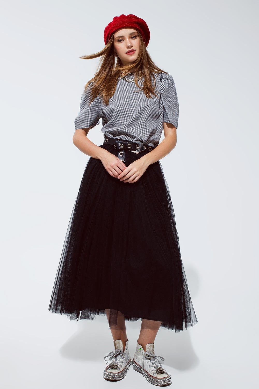 Q2 Women's Blouse Black Pique Top With Short Sleeve