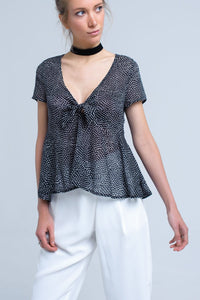 Q2 Women's Blouse Black polka dot top with ruffle hem