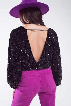 Q2 Women's Blouse Black Sequin Top With V-Neckline Ballon Sleeves And Open Back