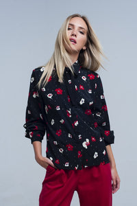 Q2 Women's Blouse Black Shirt with Red and White Flowers