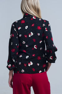 Q2 Women's Blouse Black Shirt with Red and White Flowers