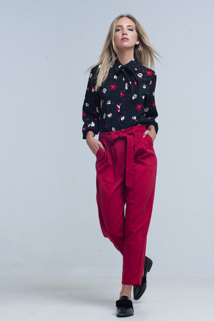 Q2 Women's Blouse Black Shirt with Red and White Flowers