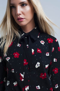 Q2 Women's Blouse Black Shirt with Red and White Flowers