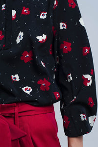 Q2 Women's Blouse Black Shirt with Red and White Flowers