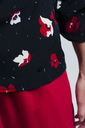 Q2 Women's Blouse Black Shirt with Red and White Flowers