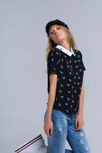 Q2 Women's Blouse Black shirt with white printed birds