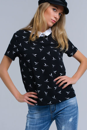 Q2 Women's Blouse Black shirt with white printed birds