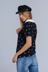 Q2 Women's Blouse Black shirt with white printed birds