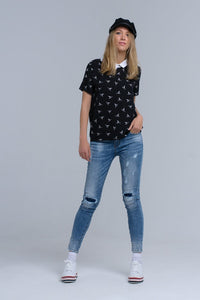 Q2 Women's Blouse Black shirt with white printed birds