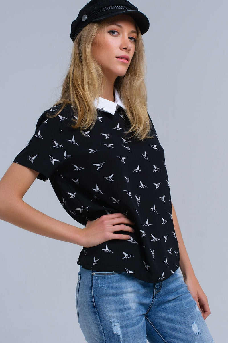 Q2 Women's Blouse Black shirt with white printed birds