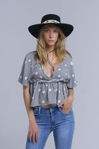 Q2 Women's Blouse Black top with stars and ruffle