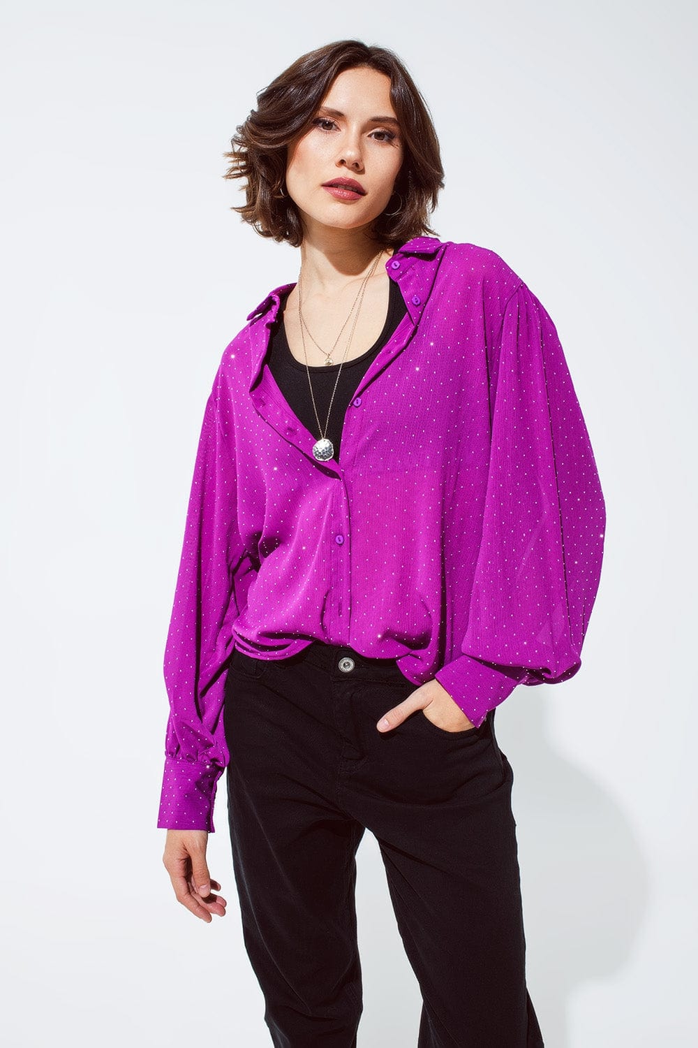 Q2 Women's Blouse Blouse In Magenta With Strass Detail