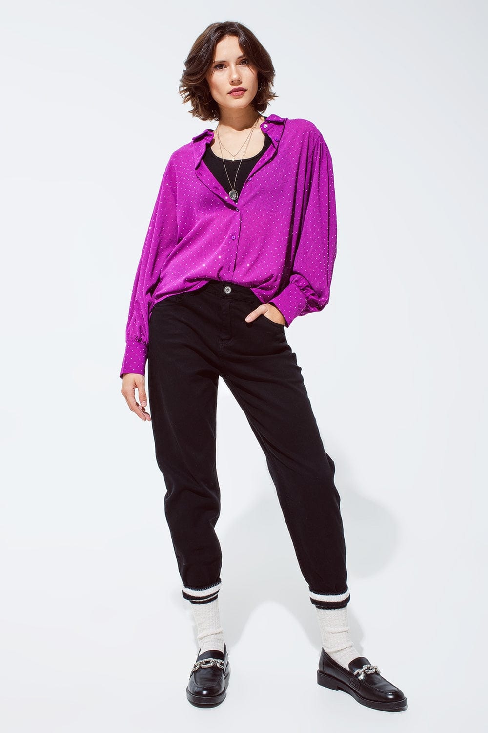 Q2 Women's Blouse Blouse In Magenta With Strass Detail