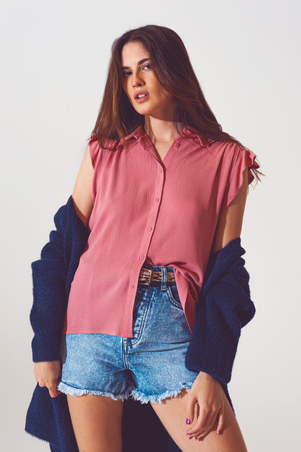 Q2 Women's Blouse Blouse with Frill Short Sleeve in Pink