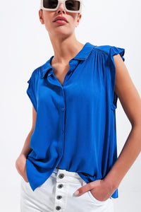 Q2 Women's Blouse Blouse with Frill Sleeve in Blue