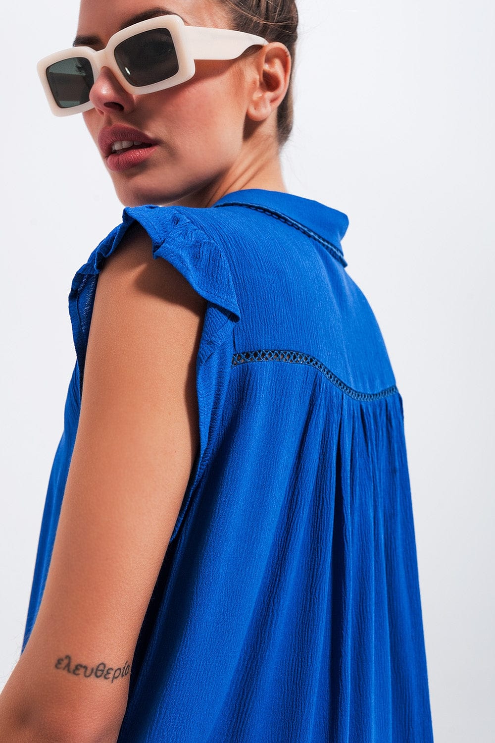Q2 Women's Blouse Blouse with Frill Sleeve in Blue