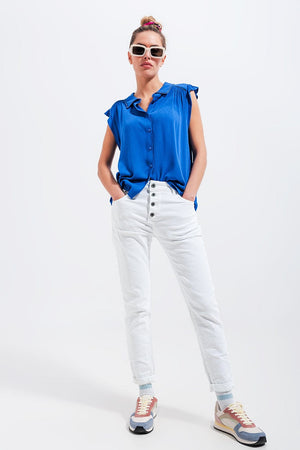 Q2 Women's Blouse Blouse with Frill Sleeve in Blue