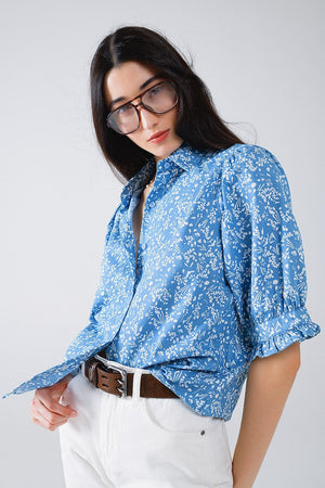 Q2 Women's Blouse Blue Blouse With Floral Design And Short Sleeves