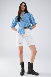 Q2 Women's Blouse Blue Blouse With Floral Design And Short Sleeves