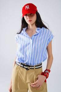 Q2 Women's Blouse Blue Blouse With Vertical Stripes And Short Sleeves