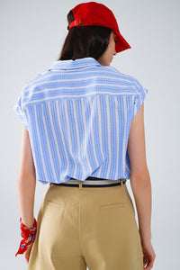 Q2 Women's Blouse Blue Blouse With Vertical Stripes And Short Sleeves