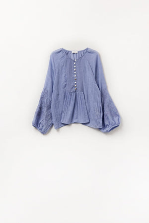 Q2 Women's Blouse Blue Chiffon Blouse With Embroidery On The Sleeves