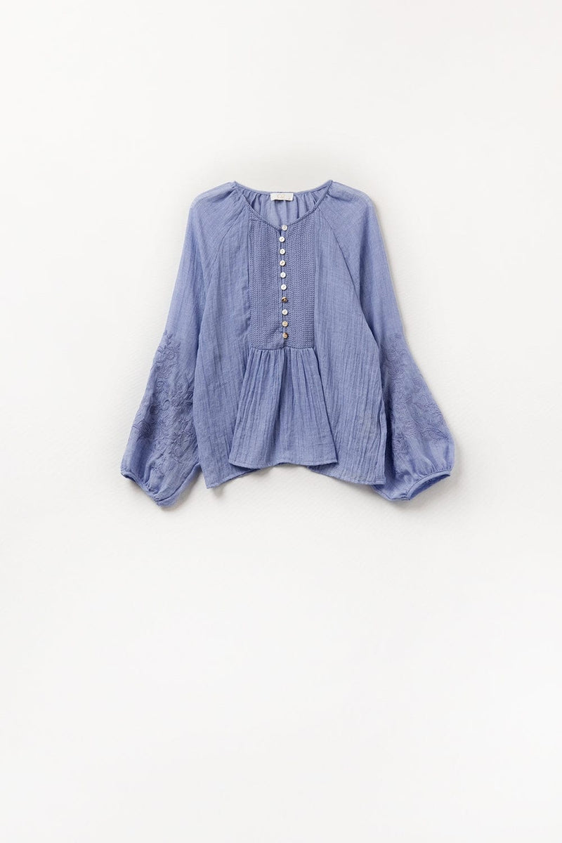 Q2 Women's Blouse Blue Chiffon Blouse With Embroidery On The Sleeves