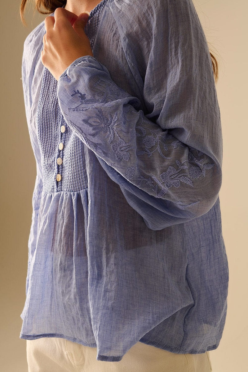 Q2 Women's Blouse Blue Chiffon Blouse With Embroidery On The Sleeves